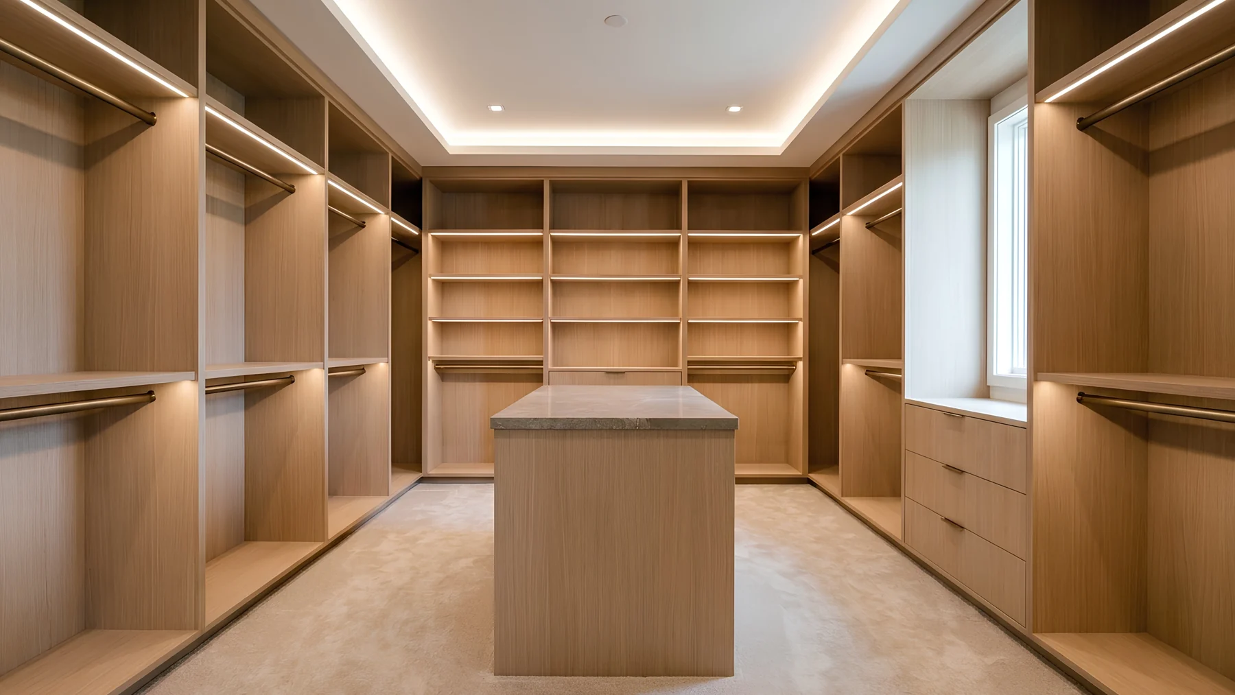 Walk-in closet with wood-tone shelving, hanging rails, and a center island